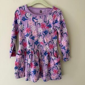 Tea Collection Girls Purple Floral Long Sleeve Pocket Jersey Dress Size 2